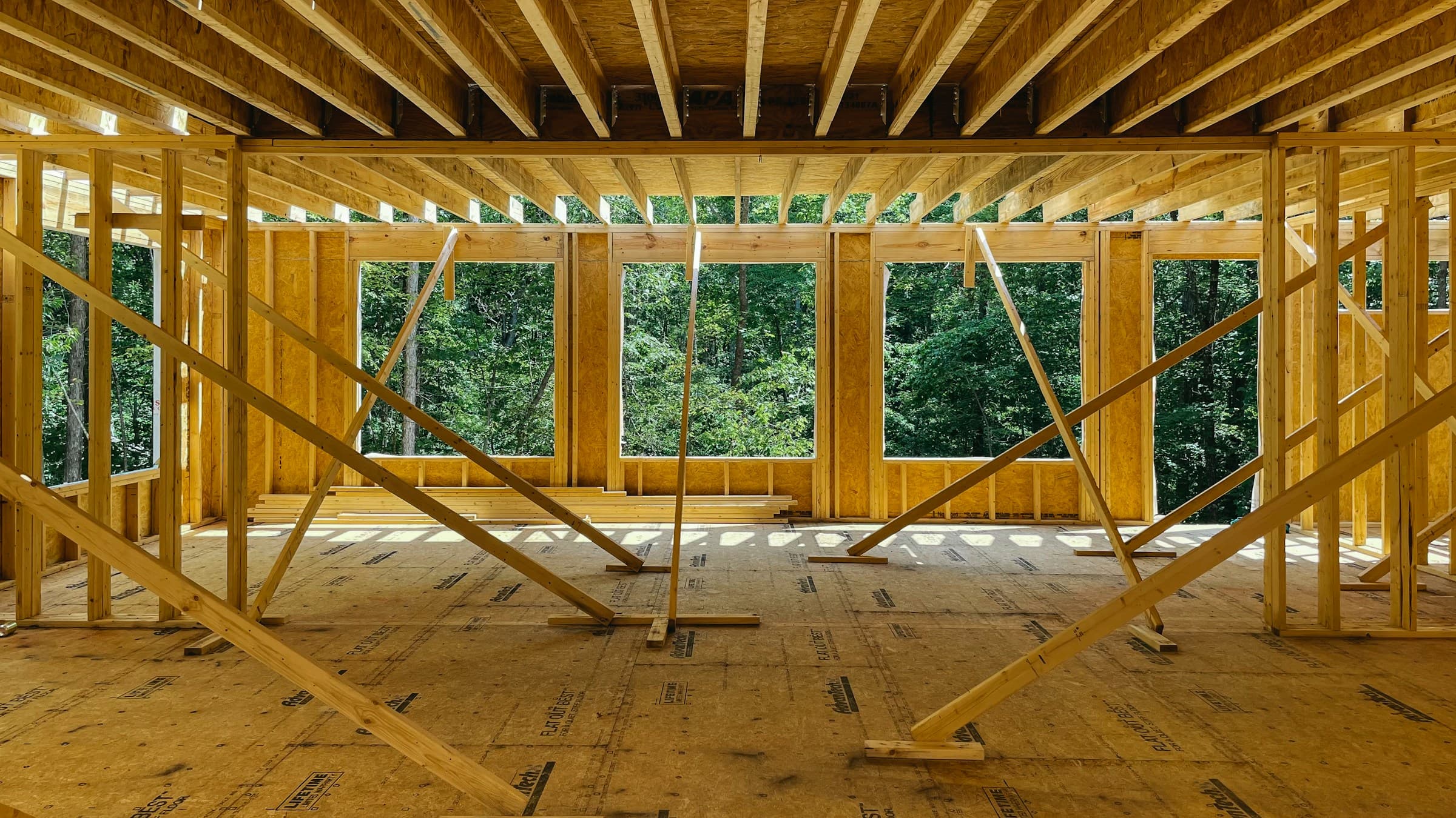 A framed room open to the trees, daylight through the window openings